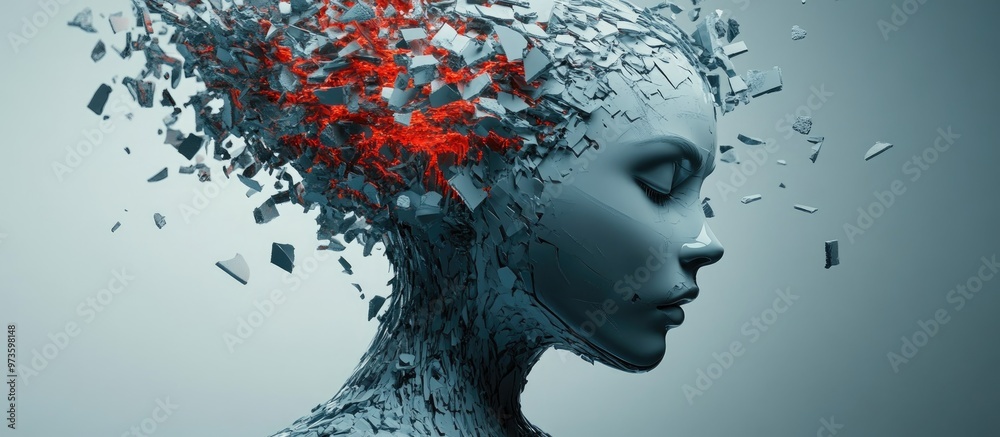 Exploding head of a metallic female artificial intelligence 3D illustration depicting the shattered dreams of technology Exploding head of a metallic female artificial intelligence 3D illustration depicting the shattered dreams of technology