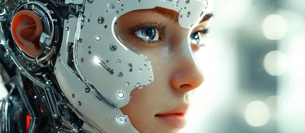 Female cyborg face featuring intricate pearl like artificial skin showcasing virtual reality and AI conceptual design in 3D rendering Female cyborg face featuring intricate pearl like artificial skin showcasing virtual reality and AI conceptual design in 3D rendering