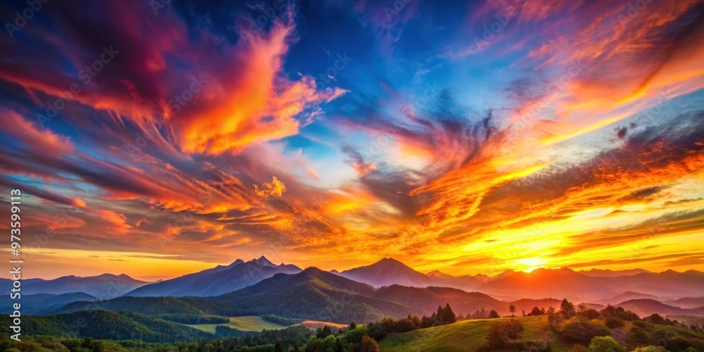 Sunset painting the sky with vibrant hues over a tranquil mountain landscape, sunset, mountains, nature, sky, colorful
