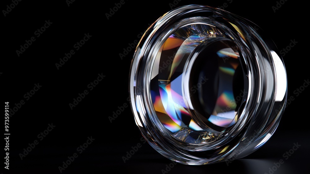 Glass lens with iridescent reflection on black background. Glass lens with iridescent reflection on black background.