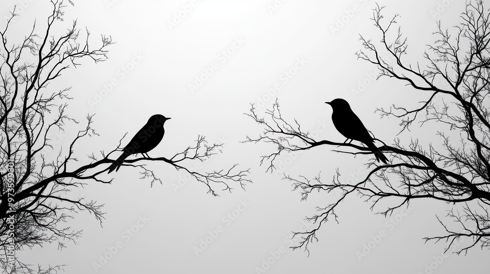 Two silhouetted birds perched on bare branches against a misty backdrop. Two silhouetted birds perched on bare branches against a misty backdrop.