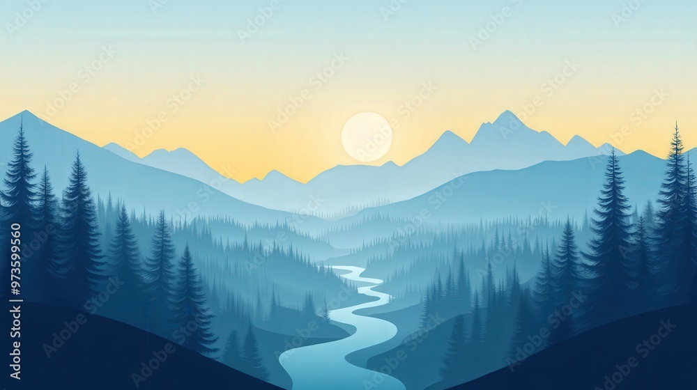 Serene Forest Landscape with Winding River and Mountains - Minimalist Vector Illustration in Soft Flat Style