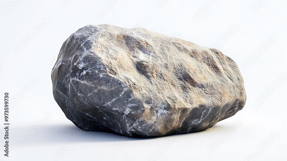 A solitary stone with defined lines and textures placed on a bright white background, rendered with sharp detail for illustration