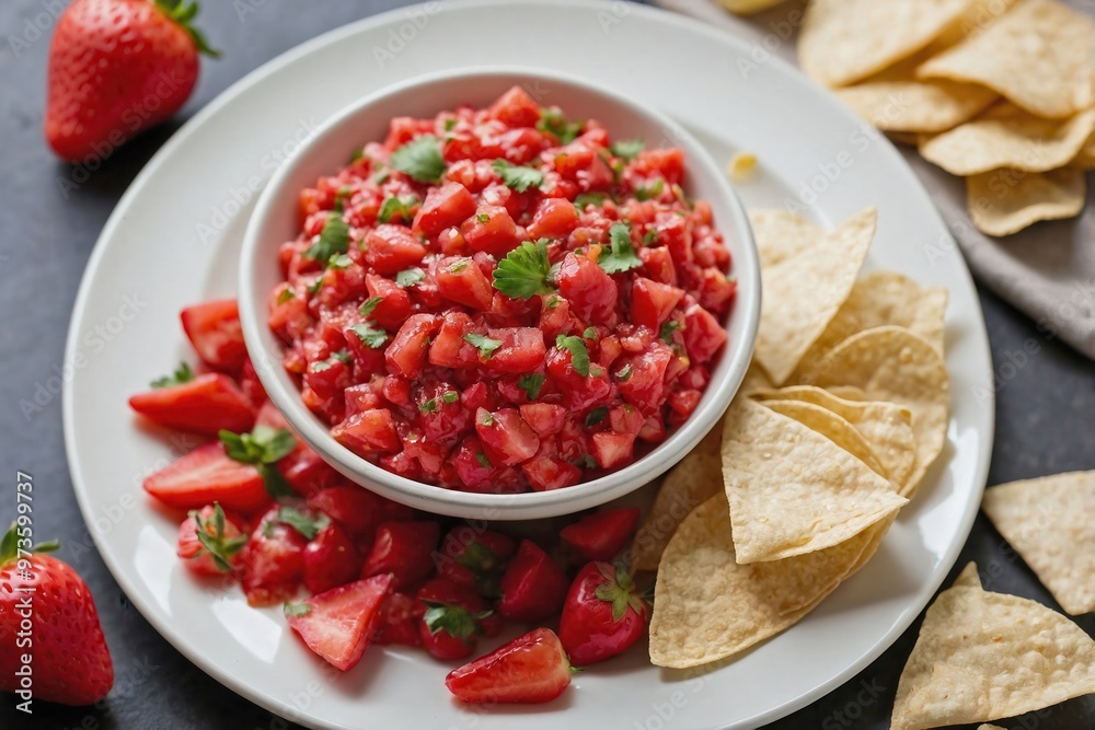 Strawberry Salsa: Overhead shot of strawberry salsa spread on a white plate, with a few tortilla chips beside it Strawberry Salsa: Overhead shot of strawberry salsa spread on a white plate, with a few tortilla chips beside it