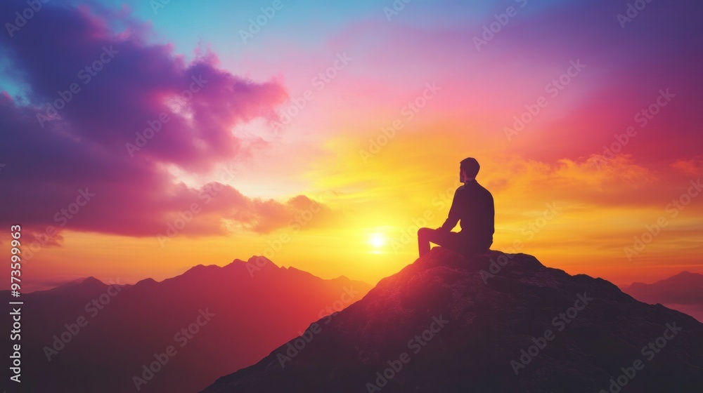A man finding inner peace while watching a sunset from a hilltop, his silhouette against a colorful sky A man finding inner peace while watching a sunset from a hilltop, his silhouette against a colorful sky