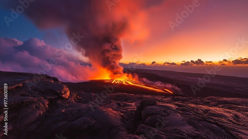 Majestic Volcanic Eruption with Flowing Lava and Billowing Smoke Illuminating the Night Sky, Capturing the Raw Power of Nature in an Awe-Inspiring Scene photo