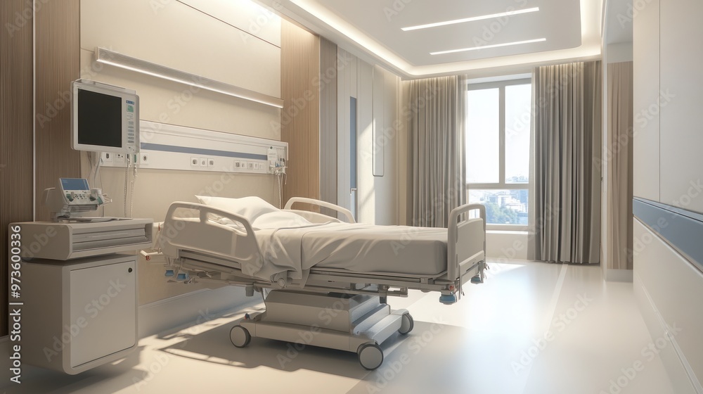 A clean and bright hospital room with a single bed, medical equipment, and a window with city views.