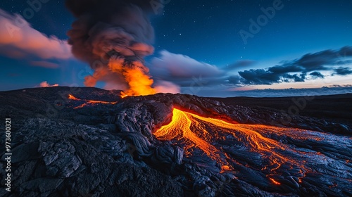 Majestic Volcanic Eruption with Flowing Lava and Billowing Smoke Illuminating the Night Sky, Capturing the Raw Power of Nature in an Awe-Inspiring Scene photo