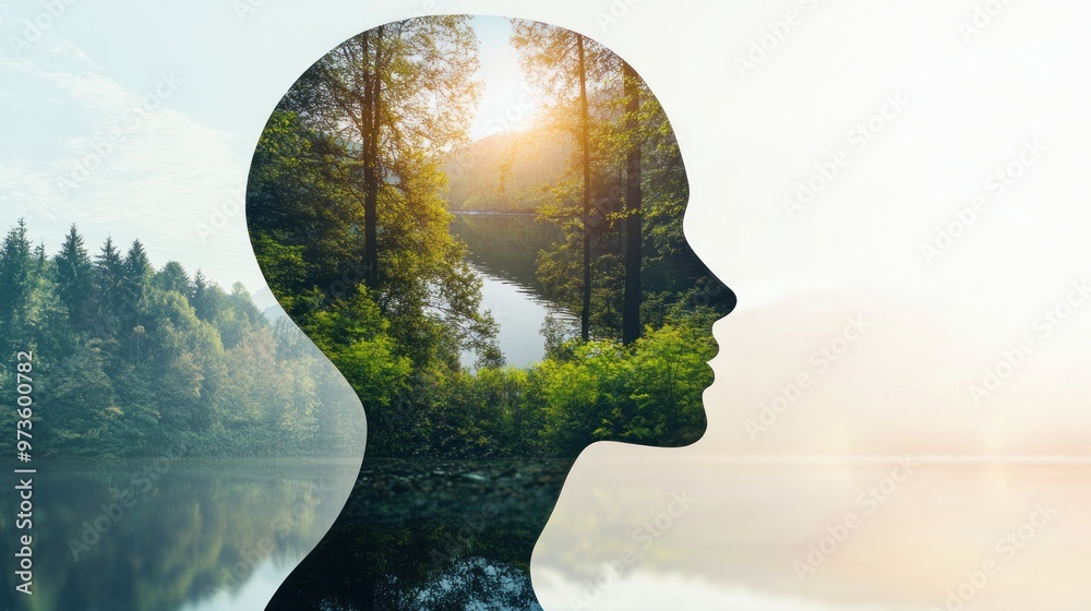 Silhouette of a person with a forest and lake inside their head, representing a connection with nature. Silhouette of a person with a forest and lake inside their head, representing a connection with nature.