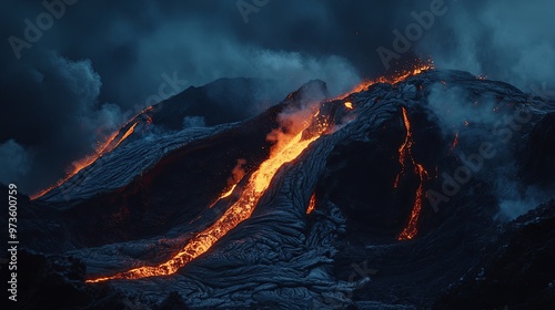 Majestic Volcanic Eruption with Flowing Lava and Billowing Smoke Illuminating the Night Sky, Capturing the Raw Power of Nature in an Awe-Inspiring Scene