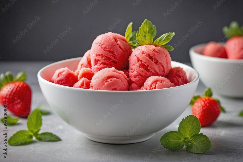 Strawberry Sorbet: Scoop of strawberry sorbet in a minimalist white bowl, garnished with a small mint leaf Strawberry Sorbet: Scoop of strawberry sorbet in a minimalist white bowl, garnished with a small mint leaf