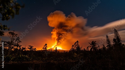 Majestic Volcanic Eruption with Flowing Lava and Billowing Smoke Illuminating the Night Sky, Capturing the Raw Power of Nature in an Awe-Inspiring Scene photo