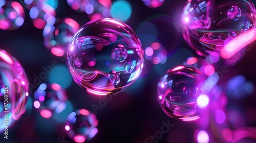 Abstract purple and blue glowing spheres with bokeh lights on a dark background.