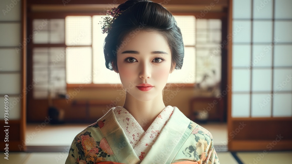 A portrait of a Japanese beauty with flawless porcelain skin, wearing a soft pastel kimono in a traditional tatami room A portrait of a Japanese beauty with flawless porcelain skin, wearing a soft pastel kimono in a traditional tatami room