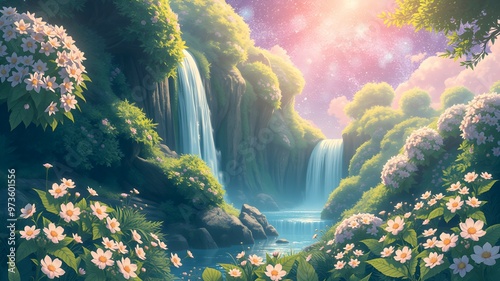 Anime-style illustration of a forest with a waterfall and a quiet flowing river with trees and flowers around it