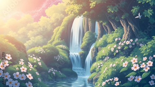 Anime-style illustration of a forest with a waterfall and a quiet flowing river with trees and flowers around it