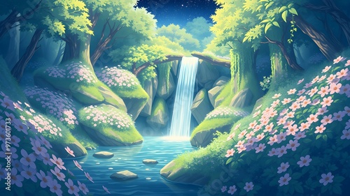 Anime-style illustration of a forest with a waterfall and a quiet flowing river with trees and flowers around it