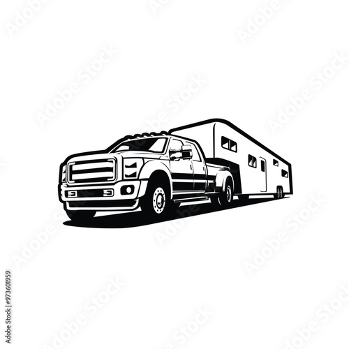 Pickup truck towing caravan trailer monochrome silhouette vector isolated. Best for outdoor campervan related industry