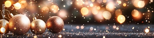 Cheerful Christmas background with bauble and glittery bokeh with blurred background. 