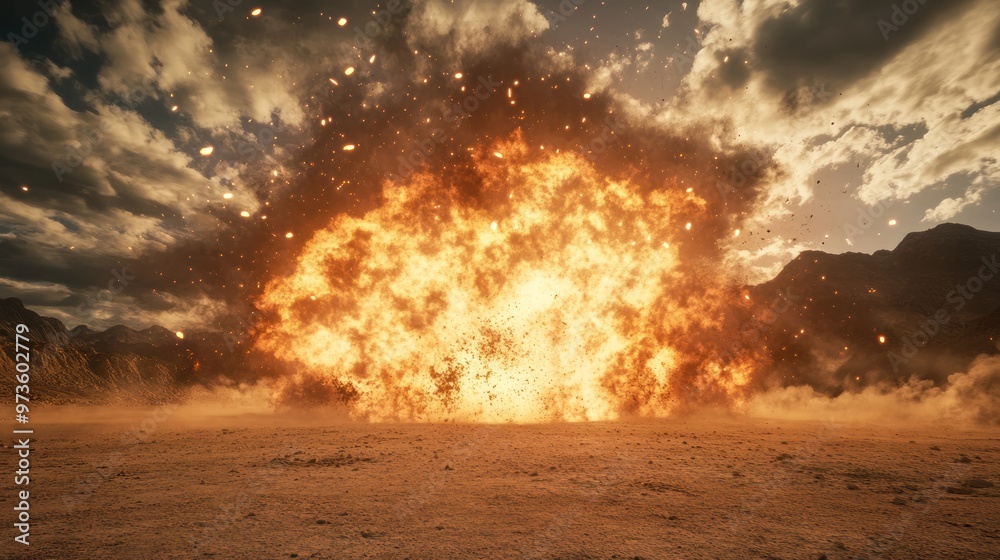 Large fire explosion in a desert landscape with mountain range in background. Large fire explosion in a desert landscape with mountain range in background.