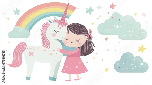 Playful Fantasy: Minimalist Cartoon Girl Hugging Unicorn with Rainbow and Clouds in Flat Design