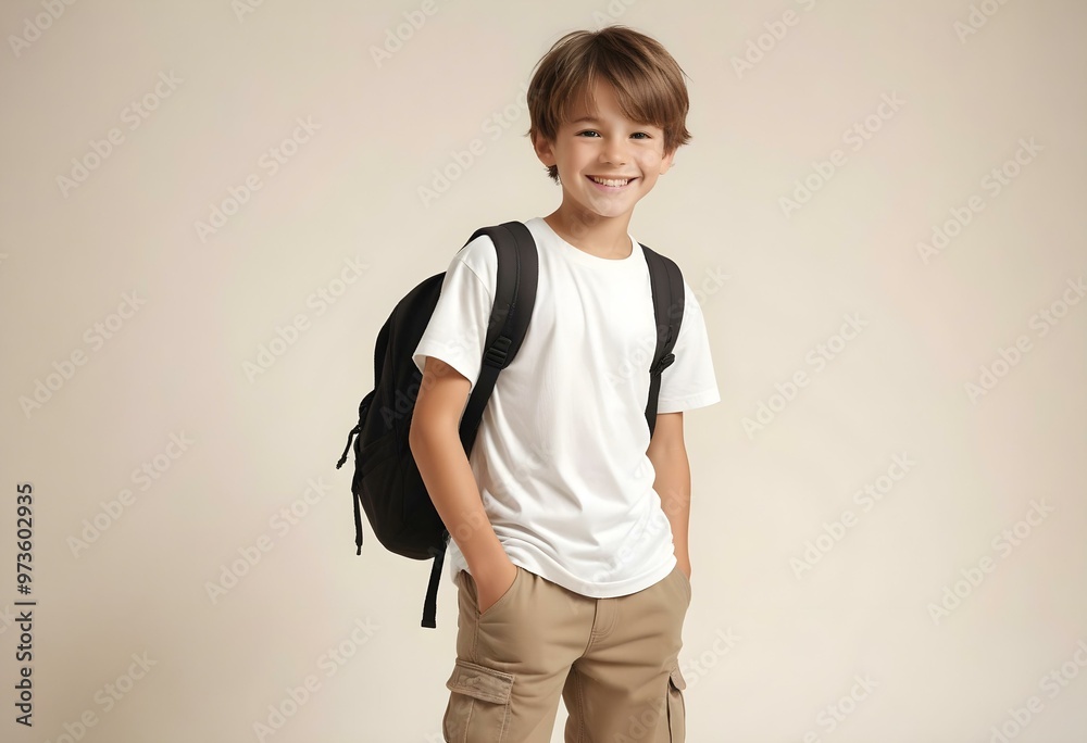 Boy teen 12 years old, smile, looking at camera, white t-shirt, backpack. Light white background. AI generated Boy teen 12 years old, smile, looking at camera, white t-shirt, backpack. Light white background. AI generated