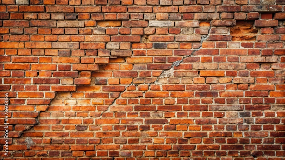 Naklejka premium Old weathered red brick wall with visible damage and cracks , weathered, red, brick, wall, damaged, background, texture, vintage