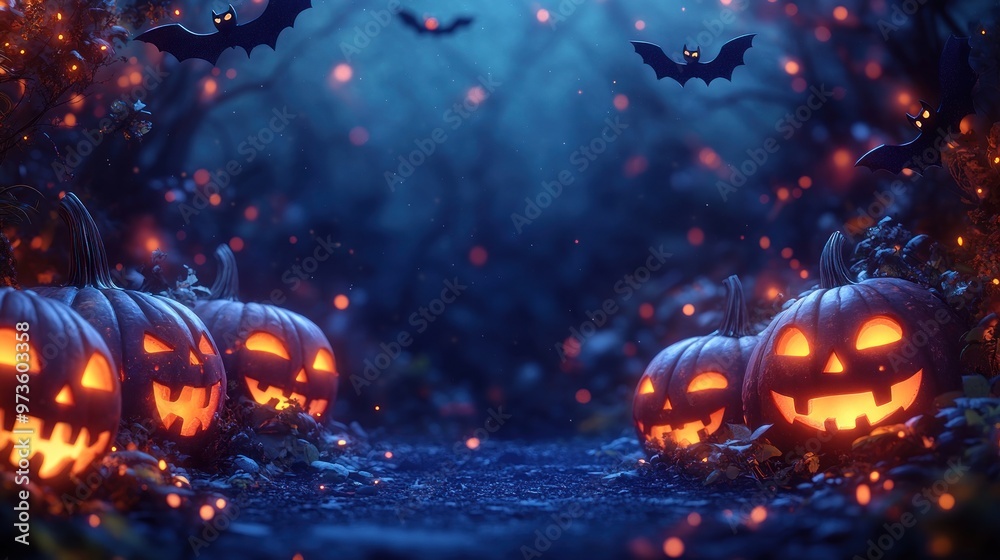 Fototapeta premium Spooky Halloween scene with glowing pumpkins and bats.