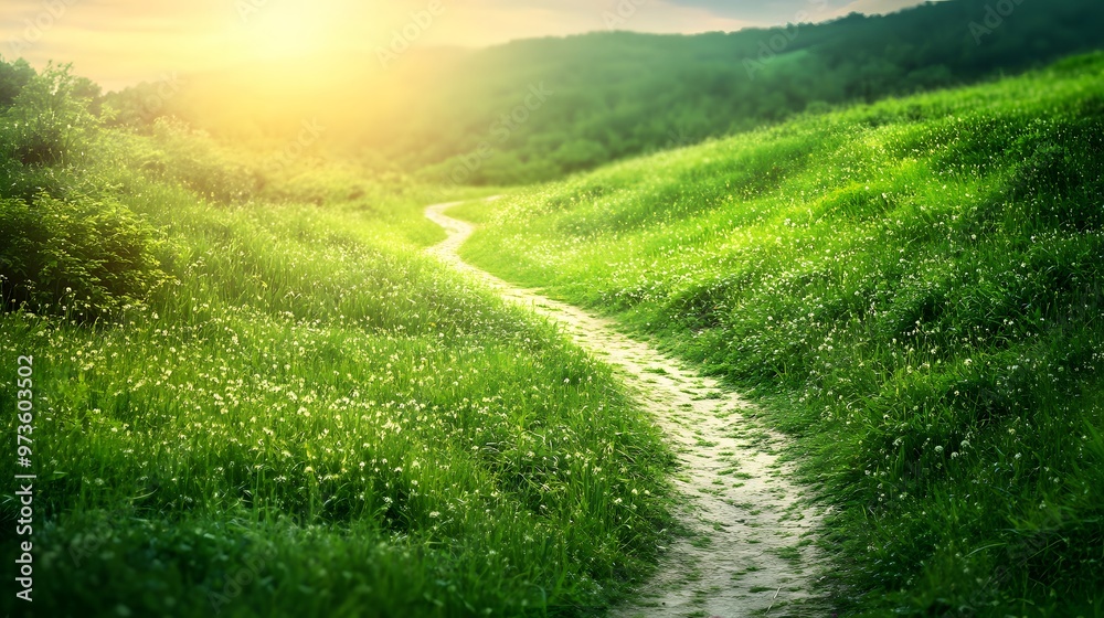 Fototapeta premium 緑の芝生の中の曲がりくねった小道