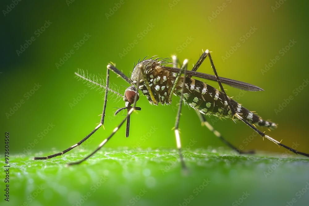 Aedes albopictus mosquito standing on a green leaf Aedes albopictus mosquito standing on a green leaf