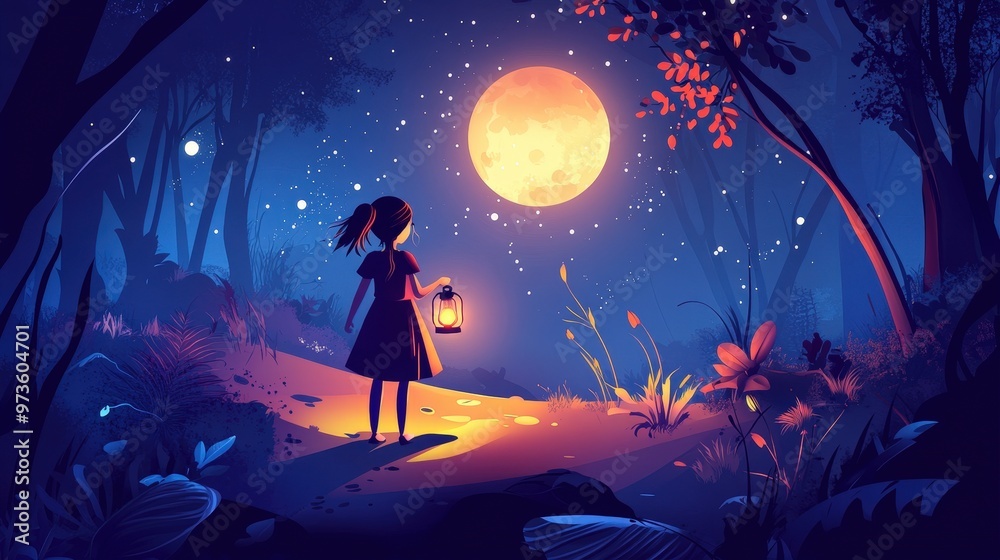 Obraz premium Enchanting Nighttime Adventure: Girl with Lantern in Dark Forest Vector Illustration
