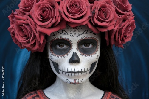 Colorful sugar skull figure with a crown of roses, set against a graveyard background at night. Concept of Day of the Dead celebration