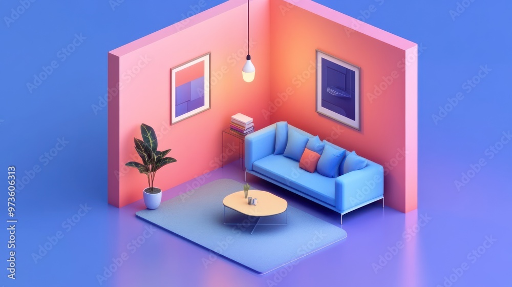 Minimalist living room with a blue couch, pink walls, and a hanging lamp. Minimalist living room with a blue couch, pink walls, and a hanging lamp.
