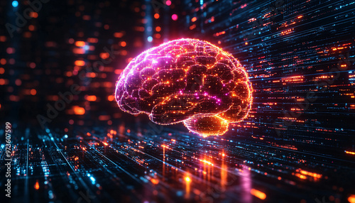 Digital brain connected to data center, representing the concept of artificial intelligence. Suitable for technology and innovation related concepts.