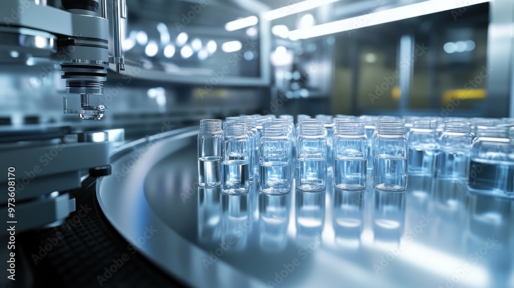 Automated production line with glass vials filled with liquid. Automated production line with glass vials filled with liquid.