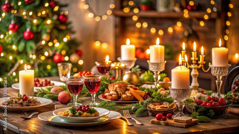 Festive holiday feast with candlelight ambiance and delicious dishes on decorated table, festive, holiday, feast Festive holiday feast with candlelight ambiance and delicious dishes on decorated table, festive, holiday, feast