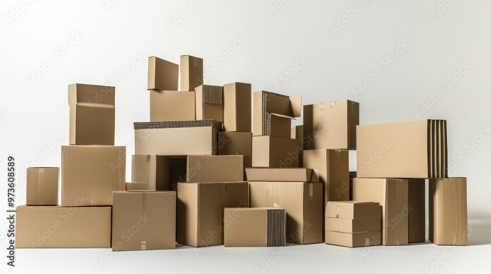 A pile of cardboard boxes stacked on a white background. A pile of cardboard boxes stacked on a white background.