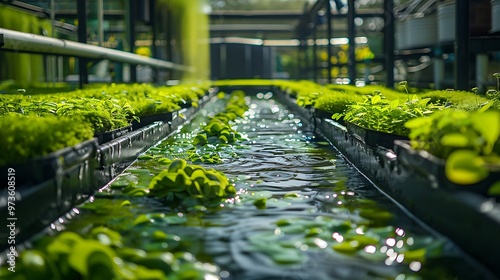 Sustainable biofuel production from algae, illustrating algae cultivation in large open ponds or photobioreactors, with a focus on the green biomass. 