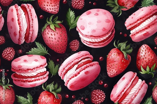 Pattern with colorful macaroon cookies with fresh berries on black background. Sweet dessert for cafe, restaurant, menu. Watercolor food illustration for design, print, paper, textile photo