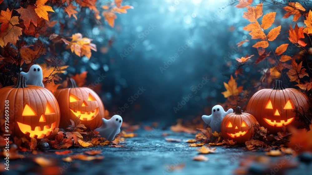 Naklejka premium A spooky Halloween scene with glowing pumpkins and playful ghosts.