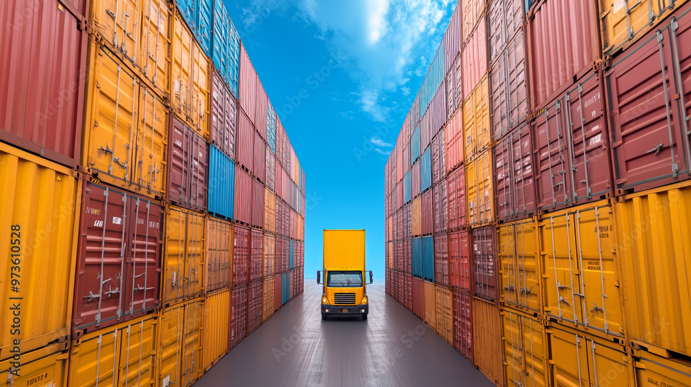 Fototapeta premium Yellow truck weaving through colorful containers