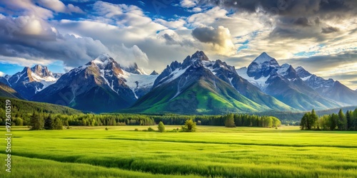 Beautiful landscape with a lush green field leading up to majestic mountains , nature, scenery, outdoors, grassland, scenic