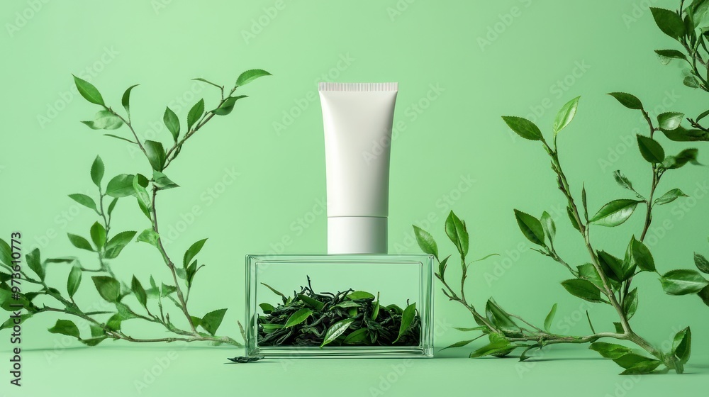 White tube of cream with green tea leaves in a glass container on a green background.