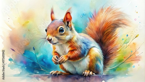 Playful squirrel from eye-level view, depicted with vibrant watercolors in a whimsical Sonnet style , squirrel, playful