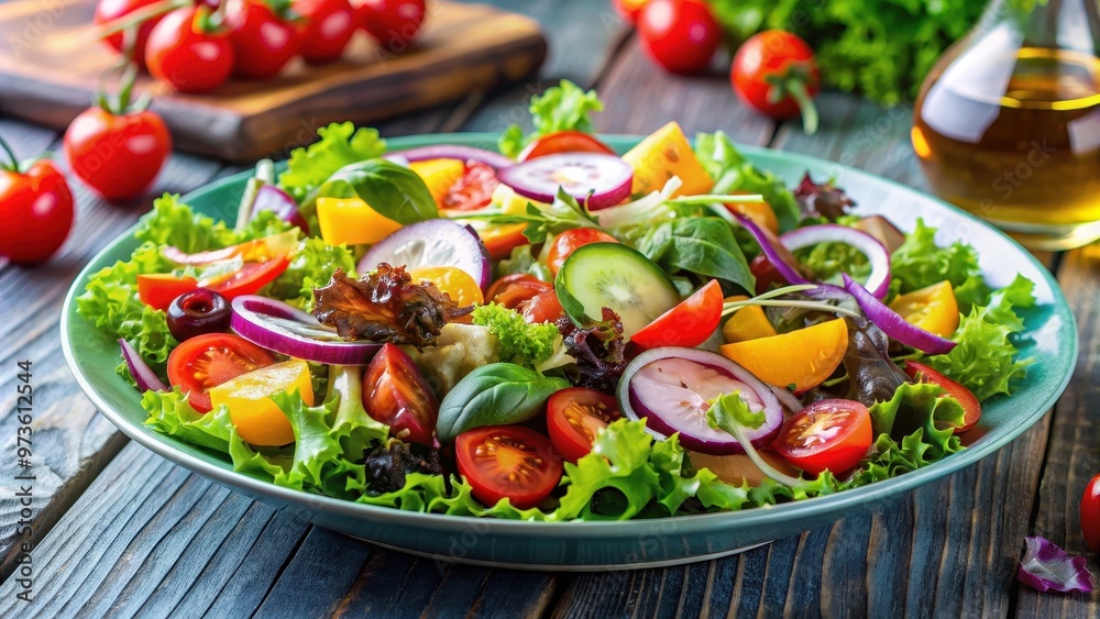 Fresh and colorful salad with mixed greens, vegetables, and a vinaigrette dressing , healthy, salad, greens Fresh and colorful salad with mixed greens, vegetables, and a vinaigrette dressing , healthy, salad, greens