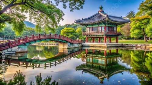 Traditional Korean bridge over serene pond in an artistic setting, Korean, traditional, bridge, pond, peaceful, serene