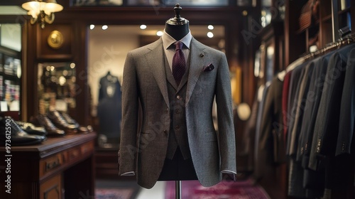 A gray pinstripe suit on a mannequin in a suit shop.