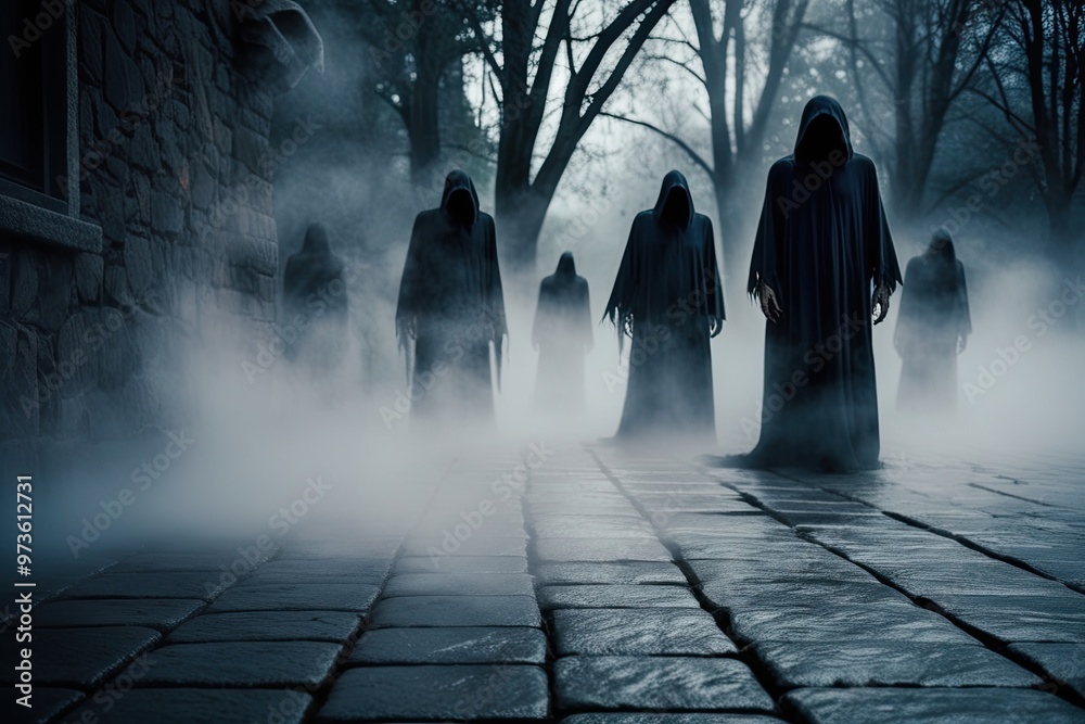 Haunting Misty Whispers on Stone Pavement with Ghostly Figures in a Halloween Scene Haunting Misty Whispers on Stone Pavement with Ghostly Figures in a Halloween Scene