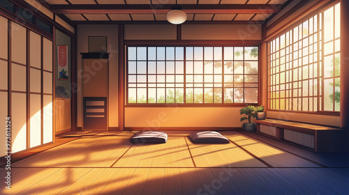 Anime style illustration of a retro style Japanese tatami room interior with comfortable anime wooden furniture