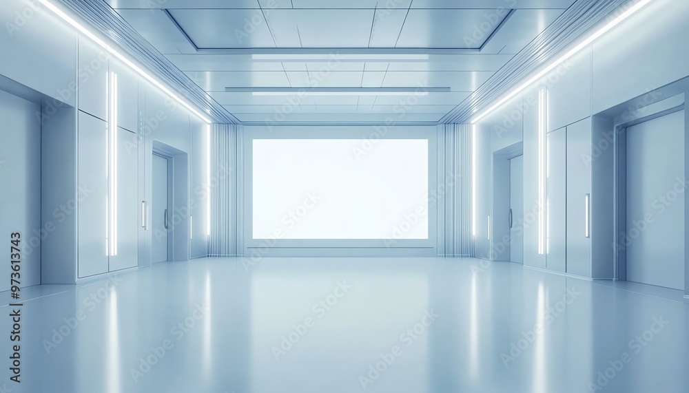 Minimalist Hallway with Large Blank Screen and Fluorescing Lights Minimalist Hallway with Large Blank Screen and Fluorescing Lights